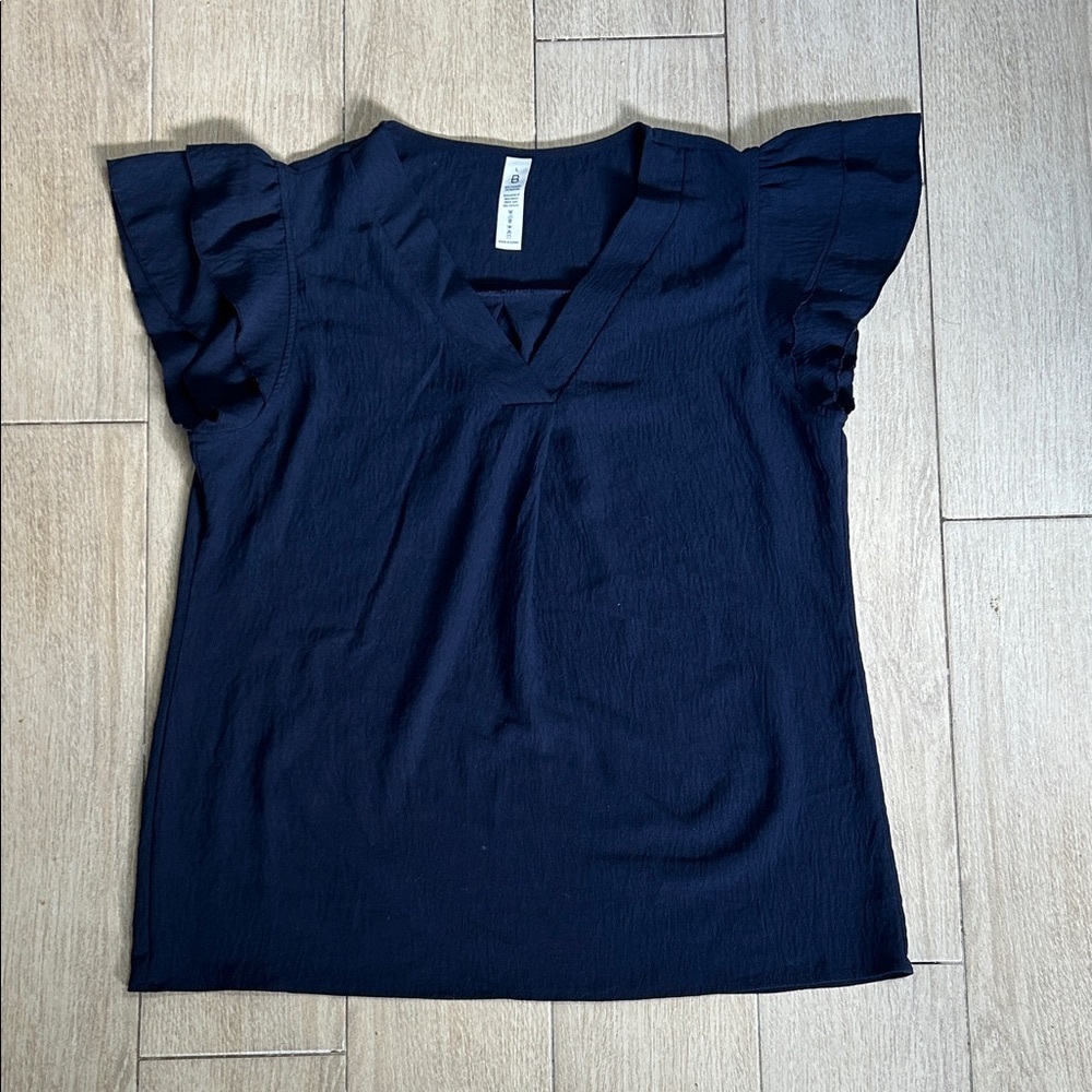 Blooming Jelly Chic Elegant Women’s Navy V-Neck Blouse with Ruffle Sleeves Sz L - Picture 2 of 9